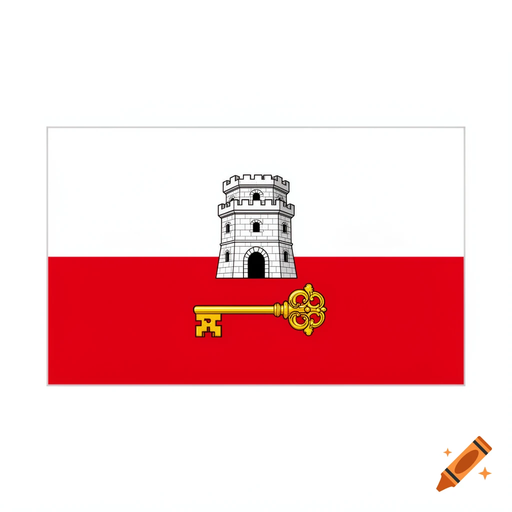 The flag of Gibraltar featuring a white top band, a wider red bottom band, a white castle with three towers, and a golden key below.