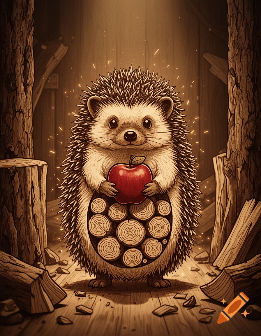 Engraving style illustration of a cute hedgehog holding a red apple with wooden logs in its belly, standing in a forest.