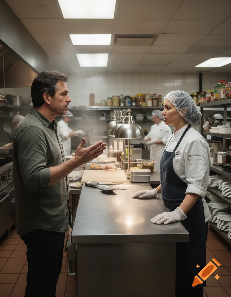 Photorealistic scene of a customer arguing with a chef in a busy restaurant kitchen.