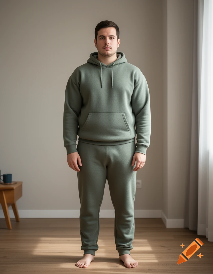 Photorealistic full-body portrait of a man standing indoors wearing a green hoodie and sweatpants.