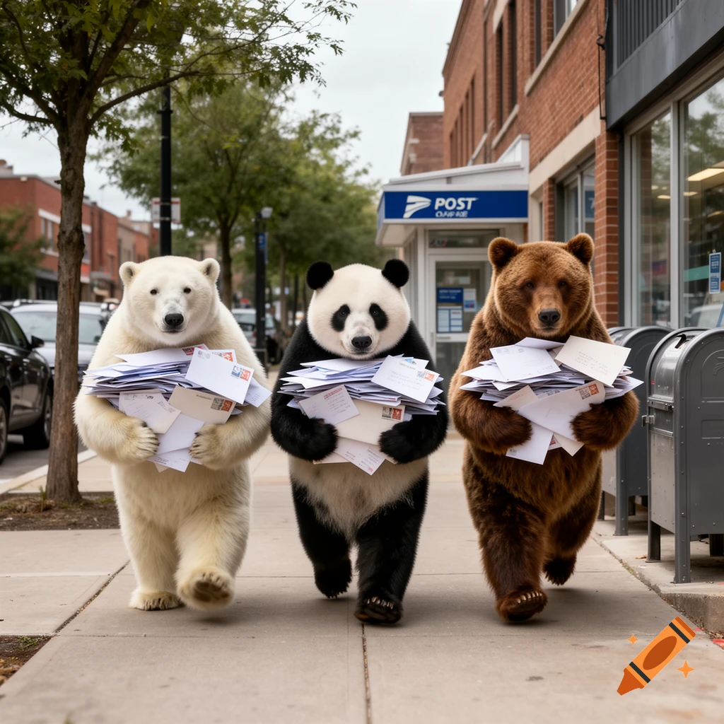 Photorealistic image of a polar bear, panda, and brown bear carrying stacks of mail down a city sidewalk toward a post office.