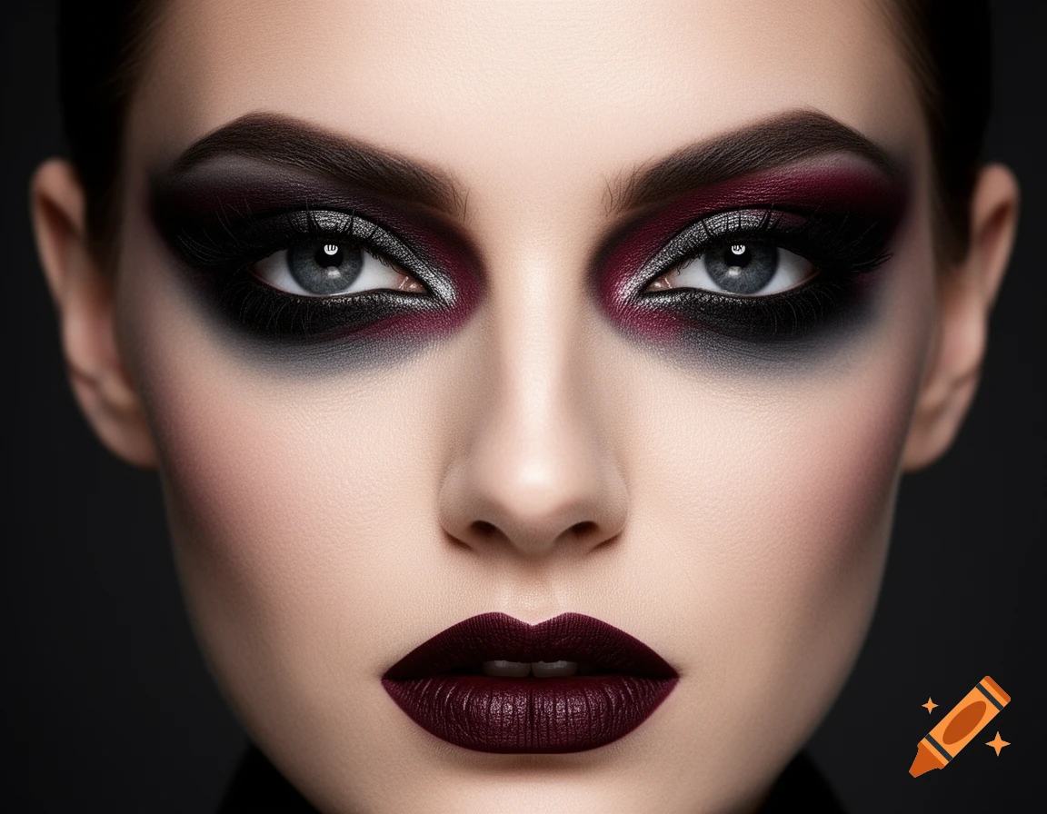 Close-up portrait of a woman with dramatic gothic dark eyeshadow, dark red lipstick, and flawless skin.
