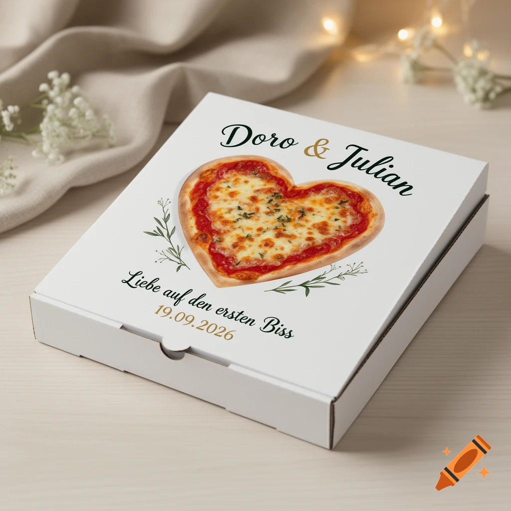 Photorealistic mockup of a white pizza box featuring a heart-shaped pizza and the text Doro & Julian with a wedding date.