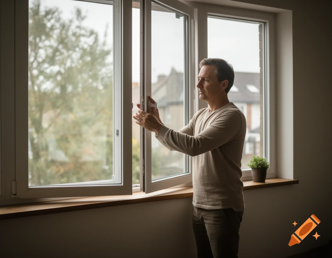 Photorealistic image of a man in a beige sweater closing a large white window in an indoor room.