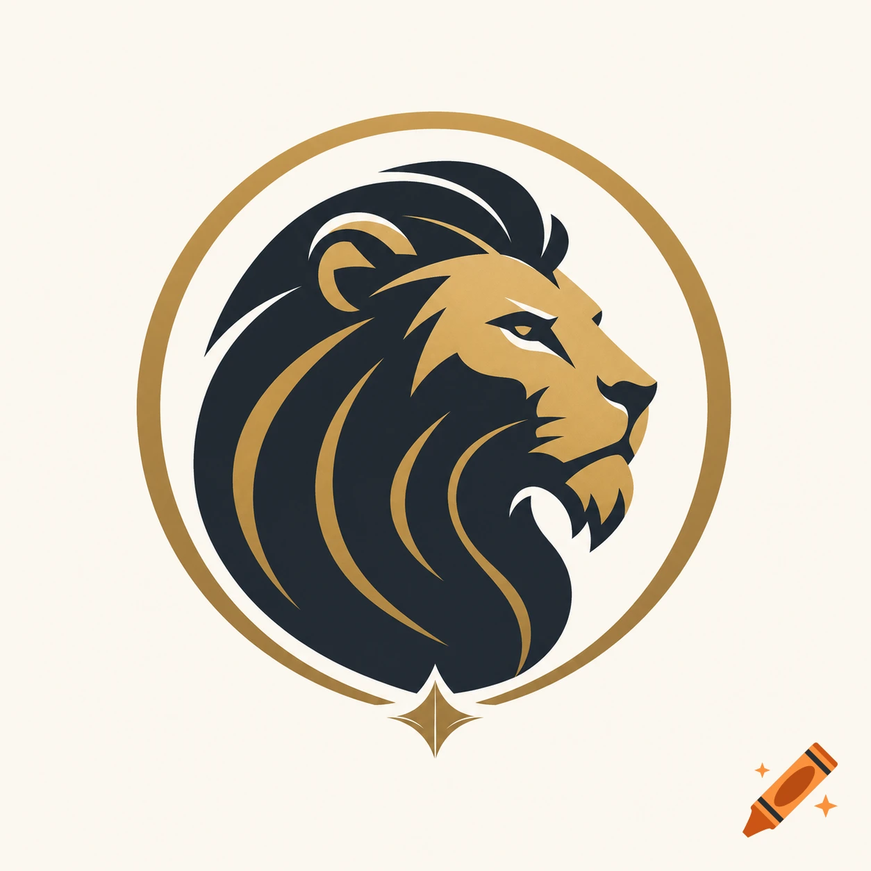 Minimalist vector logo of a stylized lion's head in profile inside a gold circle on a cream background.