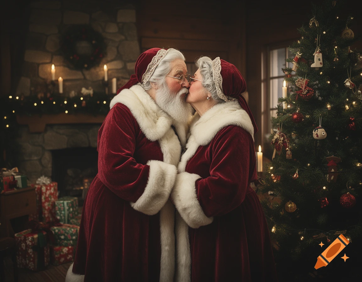 Vintage photorealistic image of Mr. and Mrs. Claus kissing near a decorated Christmas tree in a cozy room.