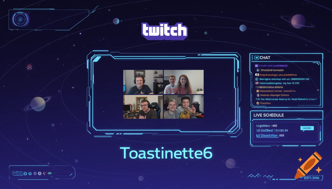 A futuristic space-themed Twitch streaming overlay with purple background, chat box, and distorted text.