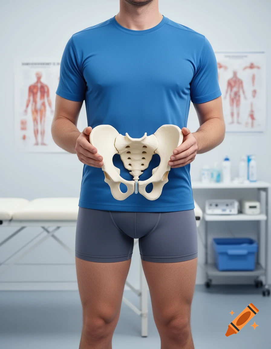 A man in a blue t-shirt and grey underwear holding a plastic pelvis model in a medical clinic.