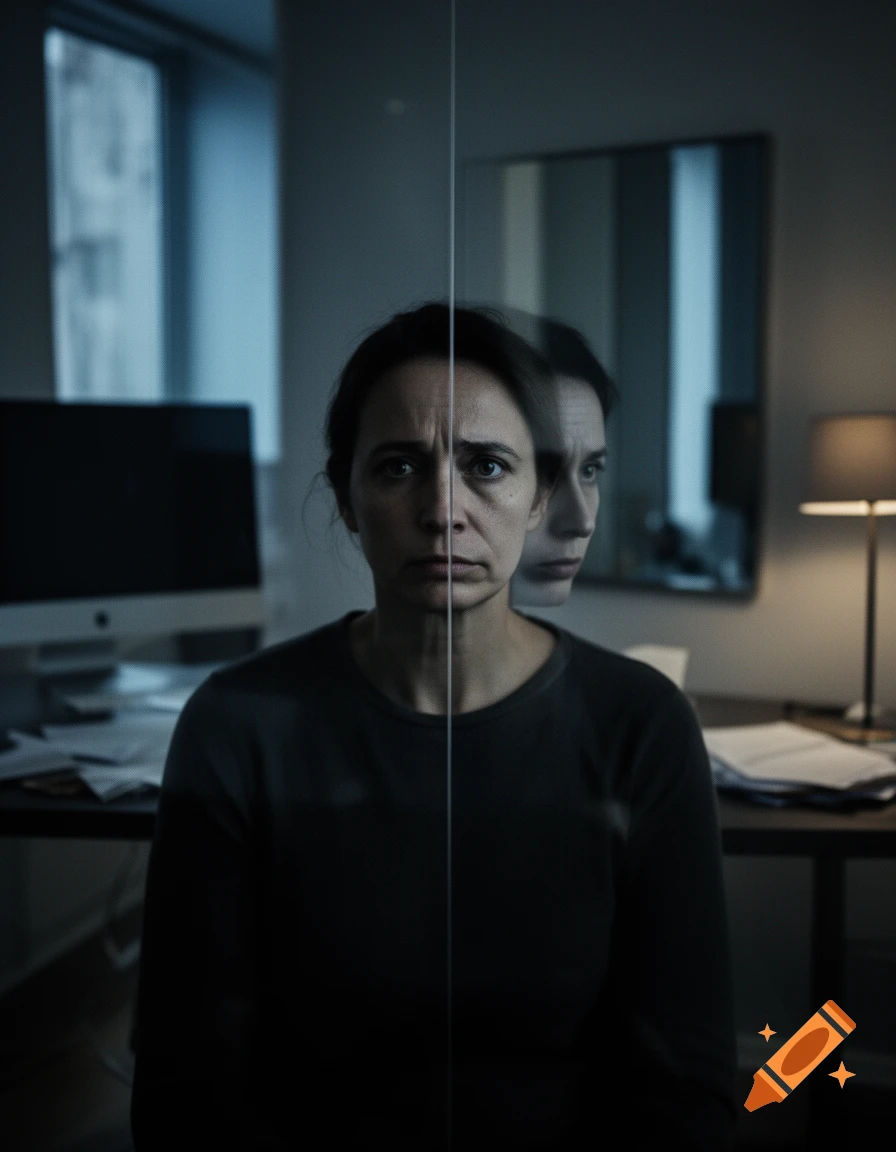 Photorealistic portrait of a distressed woman with a double exposure effect showing her reflection in a glass pane in a dark office.