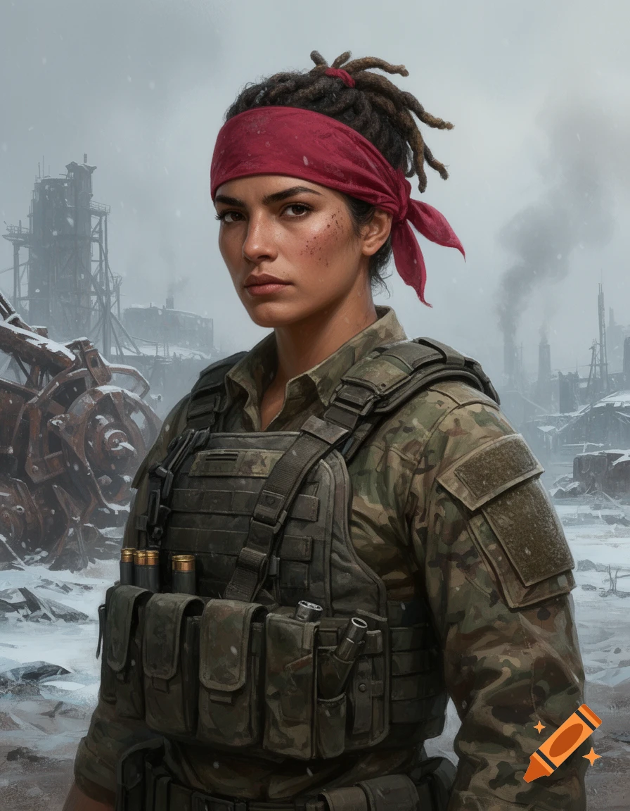 Character portrait of a Hispanic female ranger with dreadlocks and a red bandana wearing tactical camouflage armor in a snowy industrial wasteland.