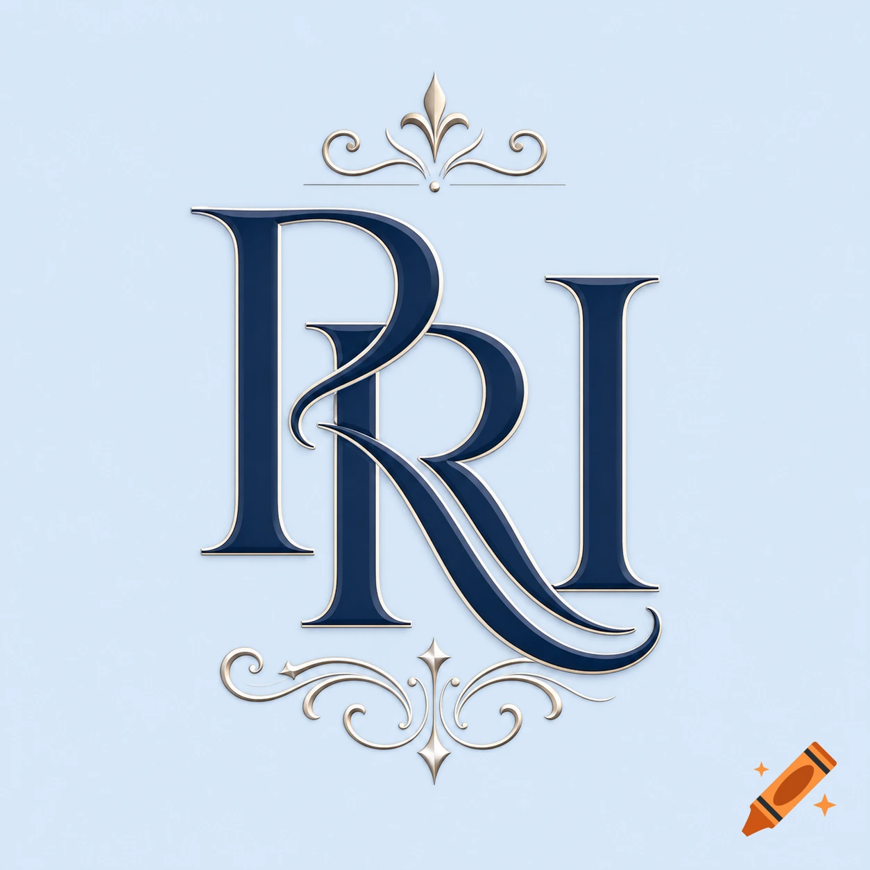 An elegant monogram logo with the letters PRI in dark blue with silver trim on a light blue background, decorated with ornamental flourishes.