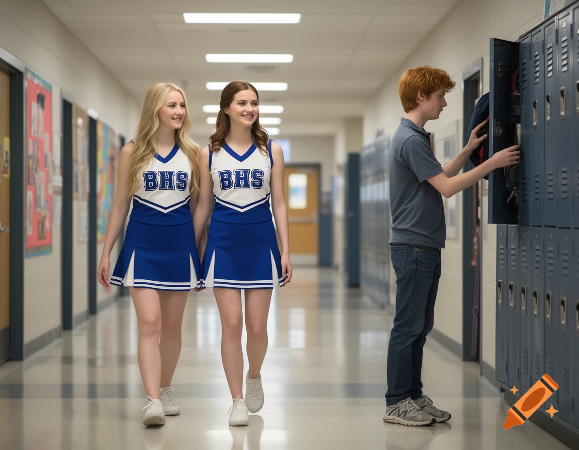 Two young women in blue and white cheerleader uniforms walking down a school hallway while a young man looks into his locker.