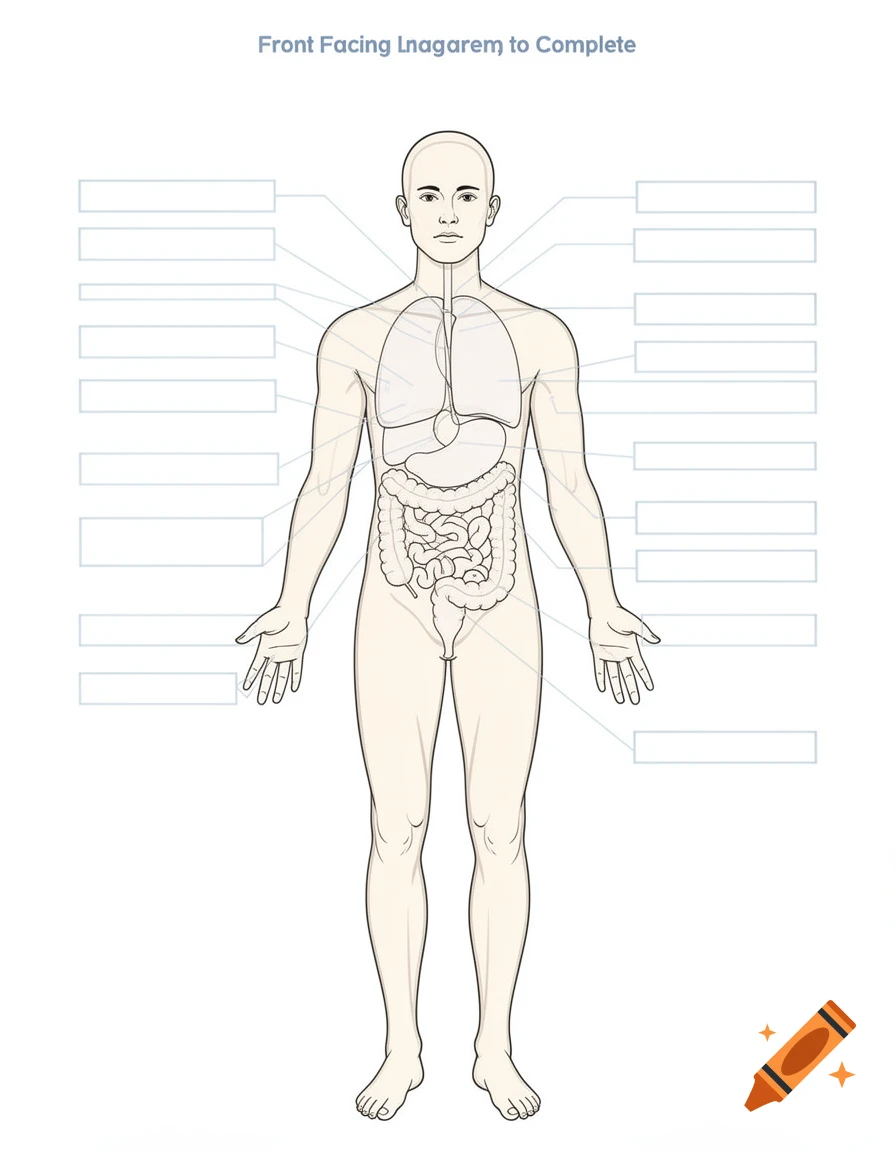 Anatomical diagram of a human body with blank text boxes for labeling organs and body parts.
