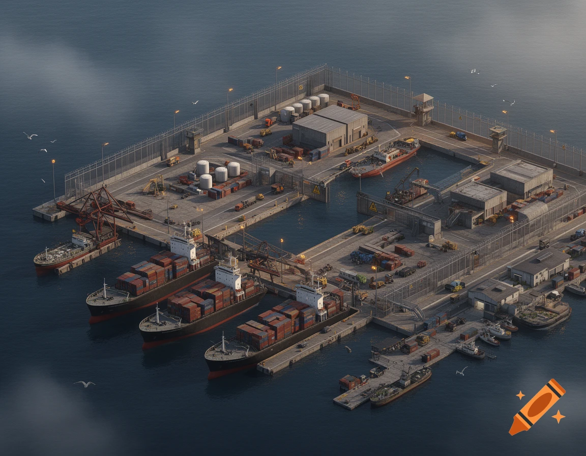 Aerial view of a modern commercial port with container ships docked, secured by a perimeter fence, rendered in a realistic style.