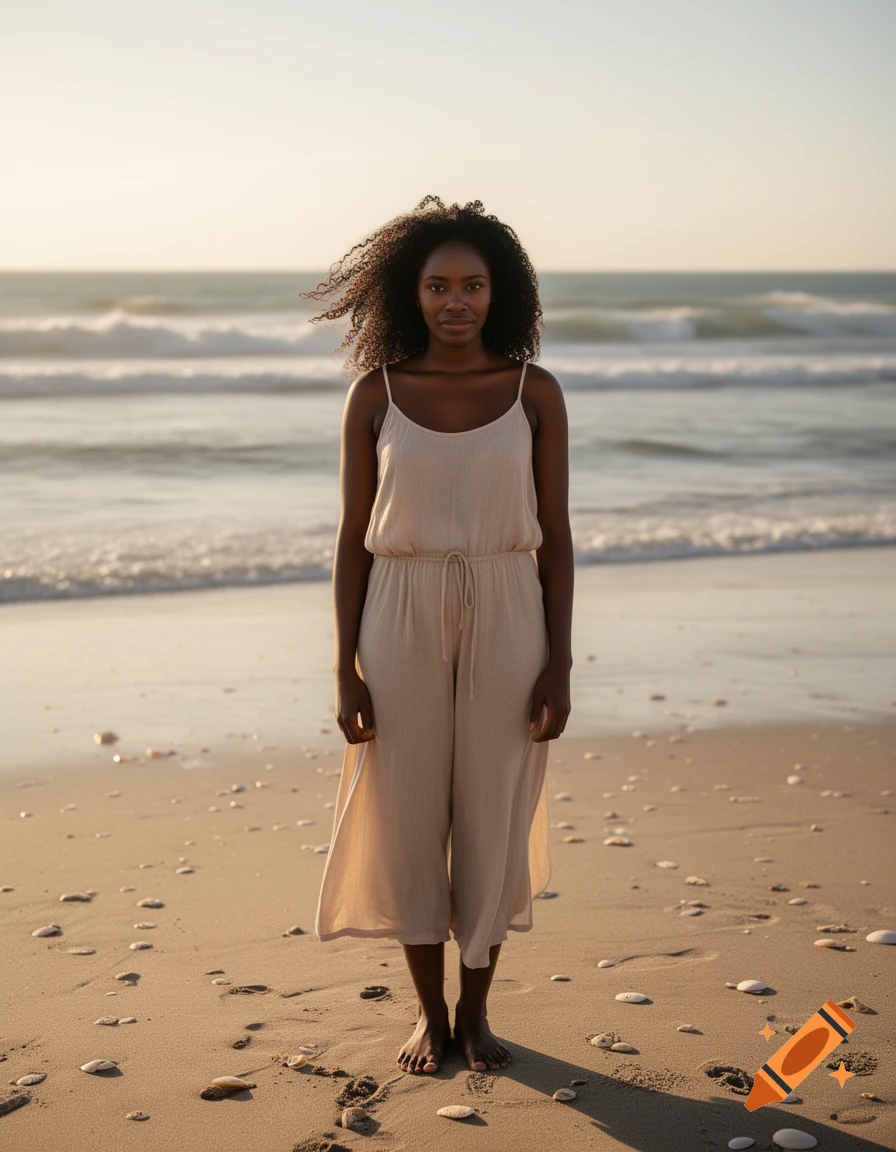 Photorealistic full-length shot of a Black woman standing on a sandy beach with the ocean in the background at sunset.