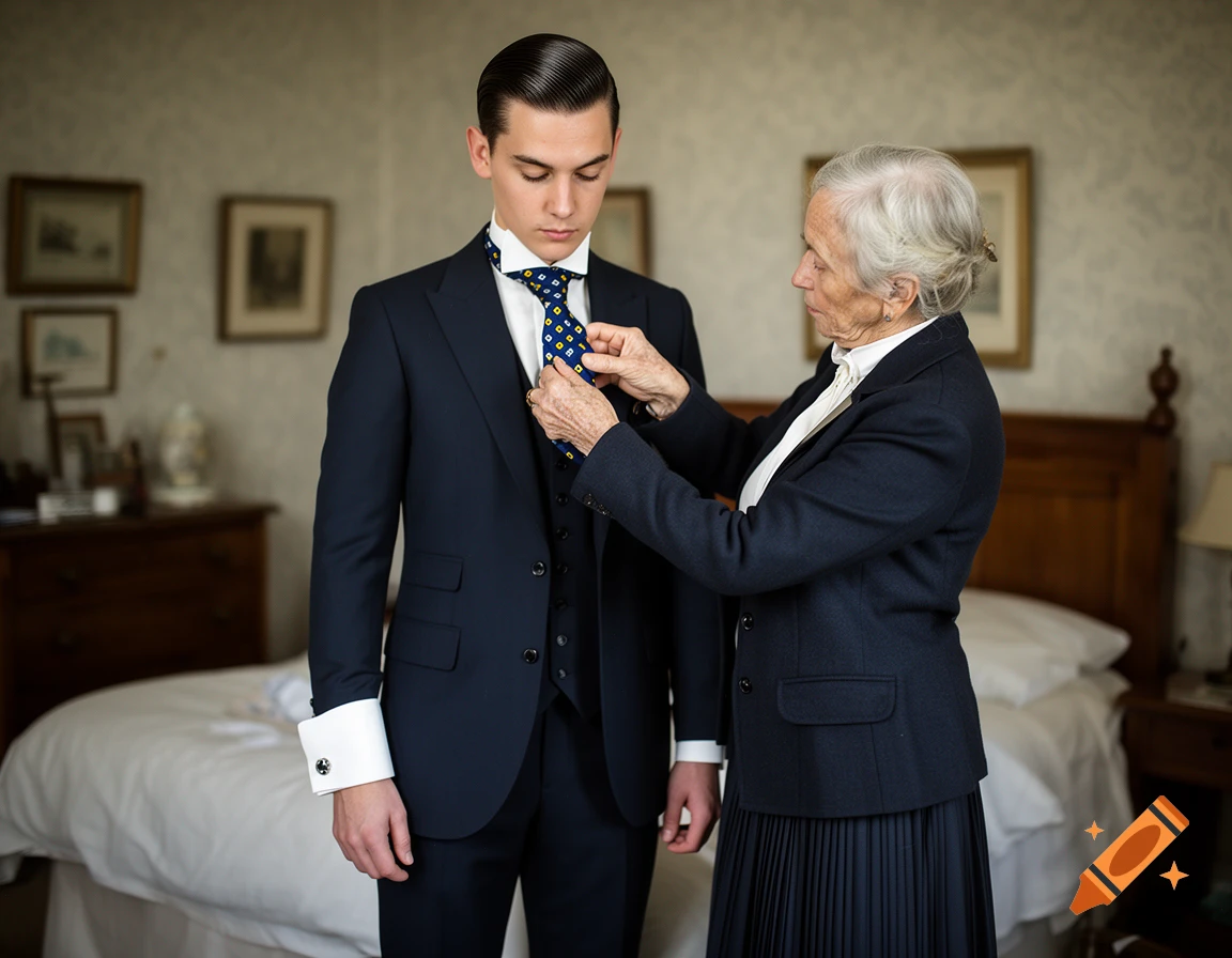 Photorealistic image of an elderly woman adjusting a blue and yellow patterned tie on a young man in a three-piece suit.