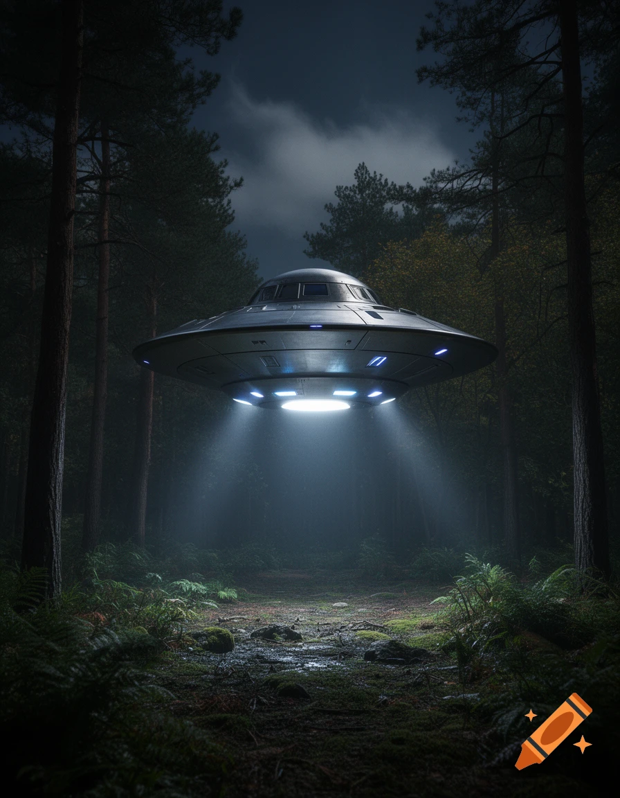 Photorealistic image of a metallic UFO hovering over a misty forest at night, casting a bright light downward.