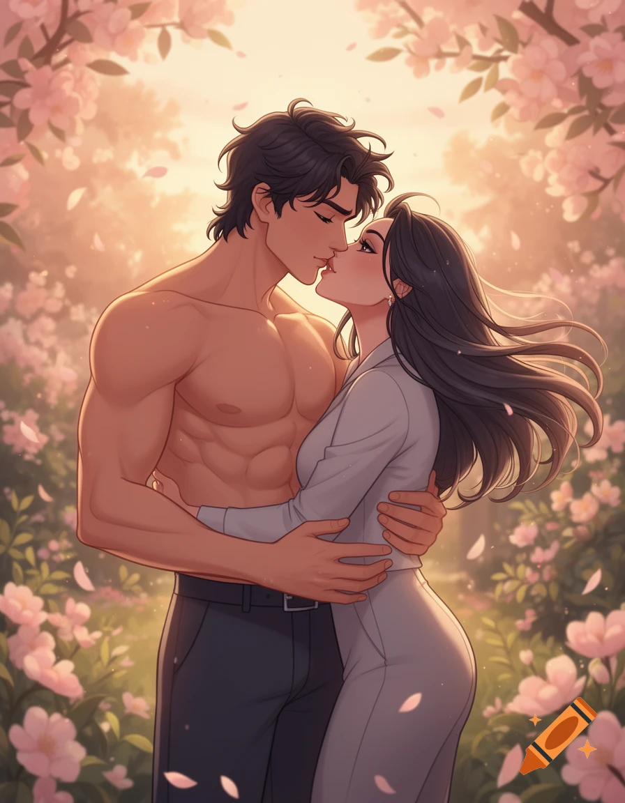 Animated style illustration of a shirtless muscular man and a woman embracing and kissing in a garden of pink cherry blossom flowers.