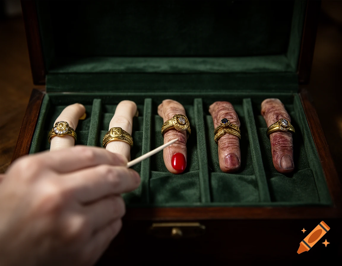 Photorealistic close-up of a green velvet-lined box containing severed fingers adorned with gold rings.