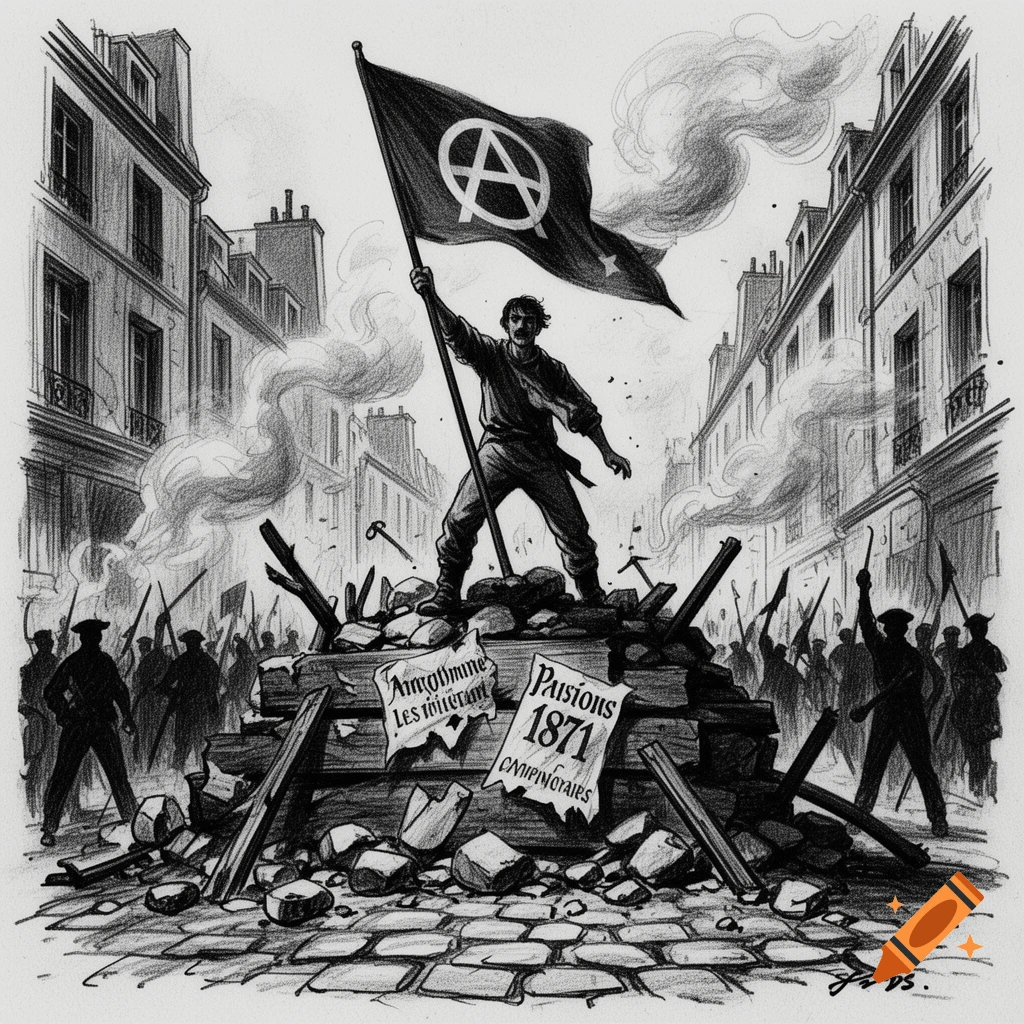 Black and white sketch of a revolutionary holding an anarchist flag atop a barricade in Paris, 1871.