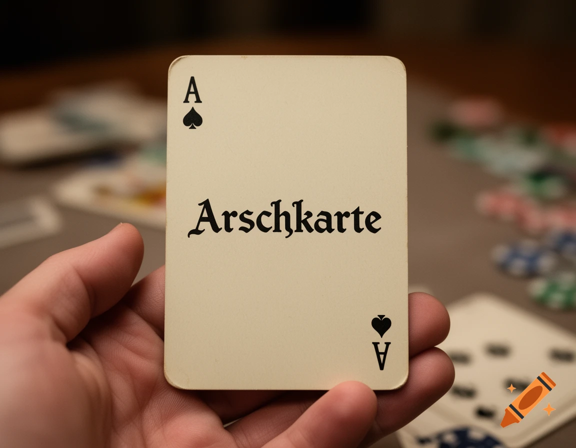 Close-up of a hand holding an ace of spades playing card with the German word Arschkarte printed on it, in a photorealistic style.