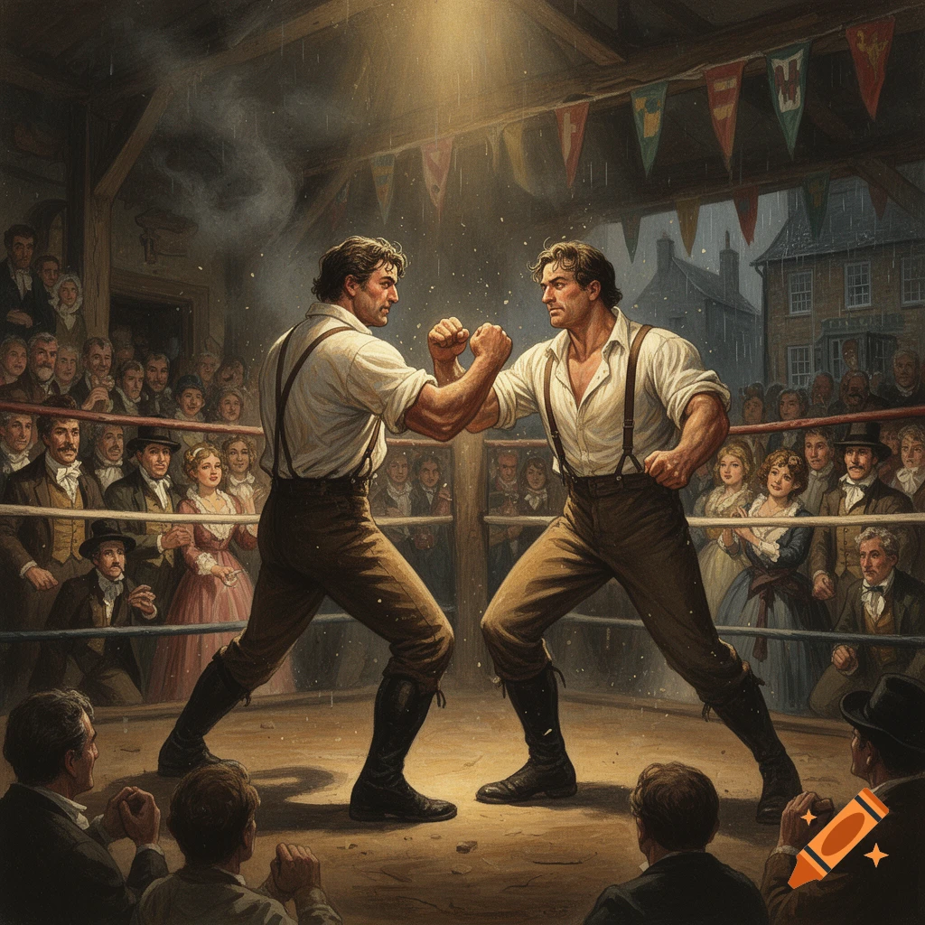 Gouache painting of an 1820s bareknuckle boxing match in a crowded barn in England, in the style of J.C. Leyendecker and Frank Frazetta.