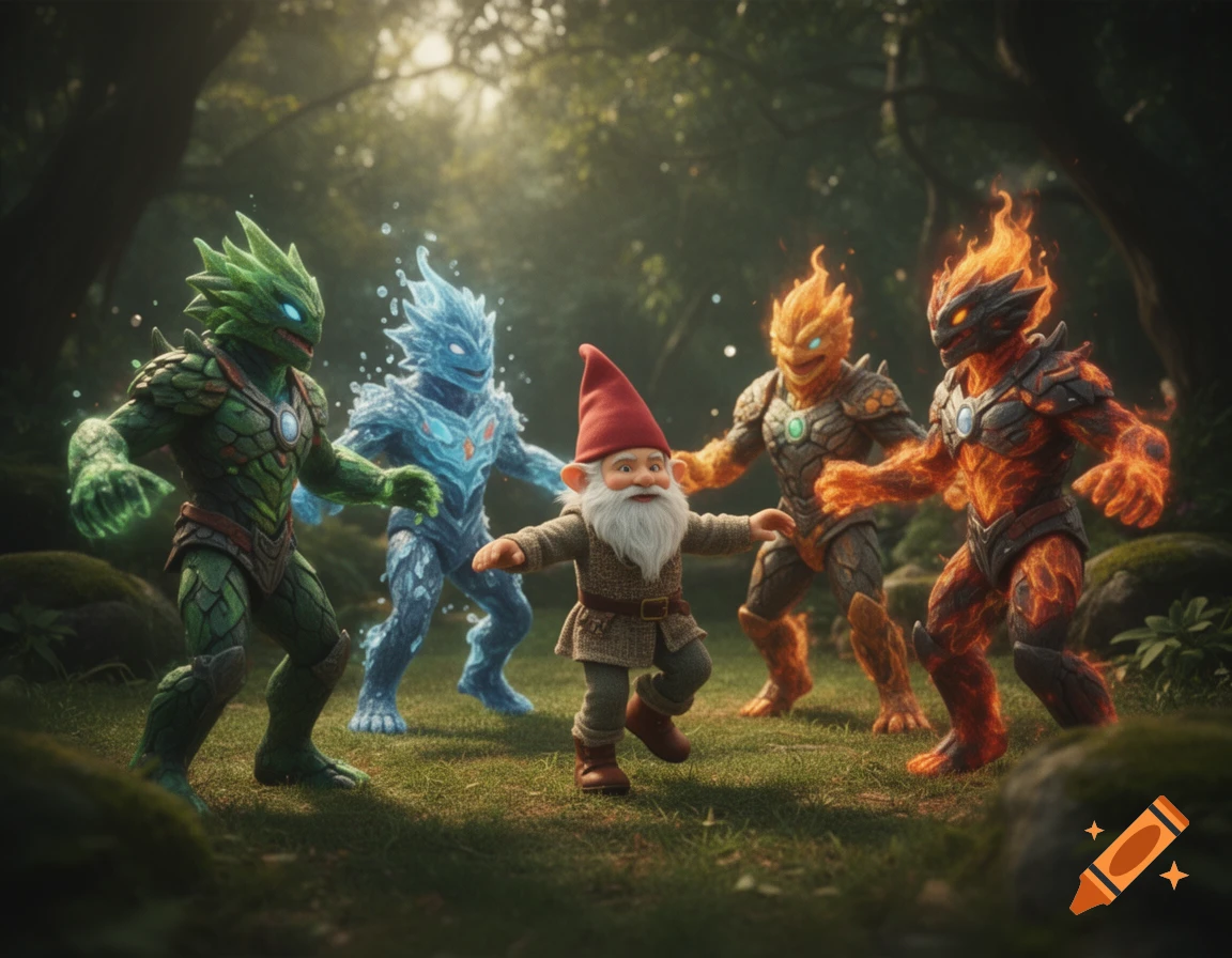 Photorealistic scene of a gnome dancing in a forest surrounded by four elemental rock and fire creatures.