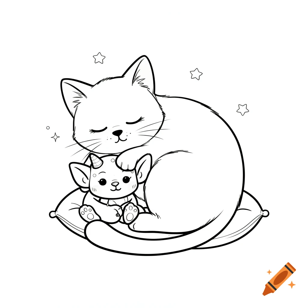 Black and white line art illustration of an adorable cat sleeping on a pillow while hugging a tiny ogre plush toy.