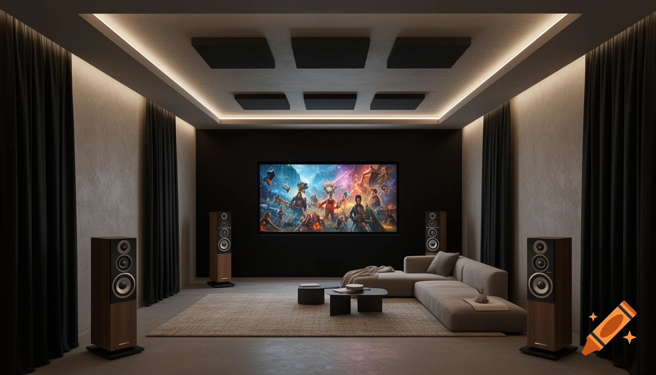 Photorealistic wide-angle interior design shot of a modern home theater with a large projection screen and surround speakers.