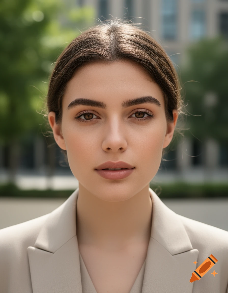 Close-up photorealistic portrait of a young woman with brown hair and eyes, wearing a beige blazer outdoors.
