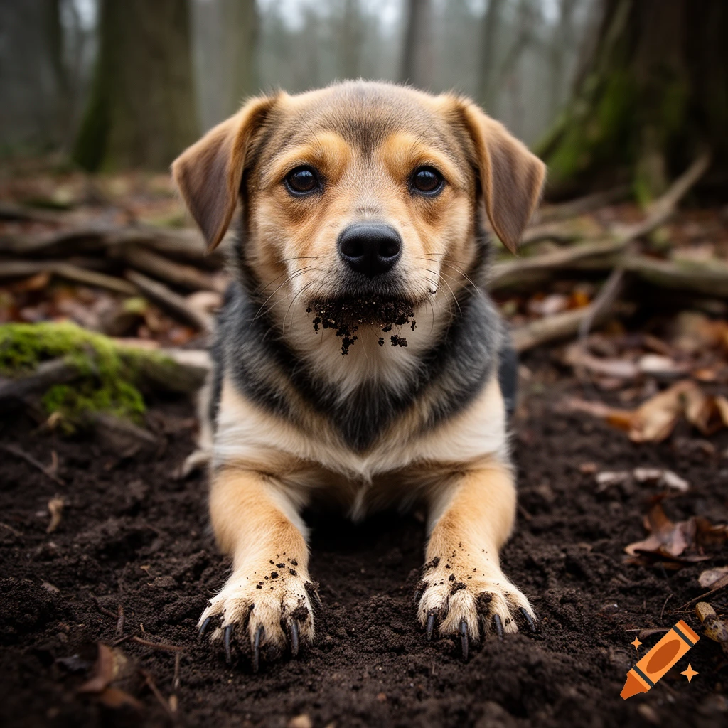 Photorealistic close-up of a hybrid puppy with mole-like snout covered in dirt, looking directly at the camera in a forest.