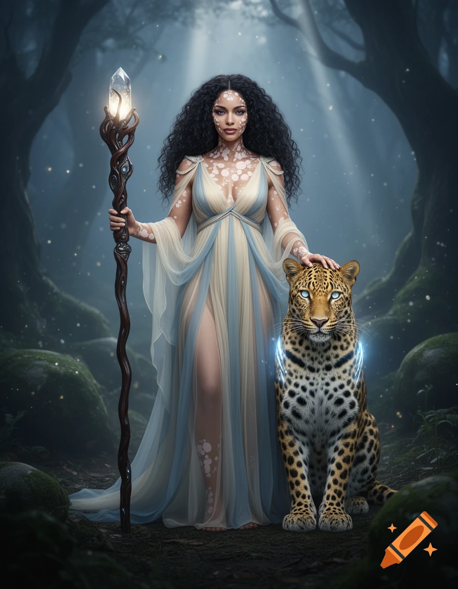 Photorealistic fantasy scene of a goddess with curly hair and vitiligo holding a glowing staff next to a magical leopard in a misty forest.