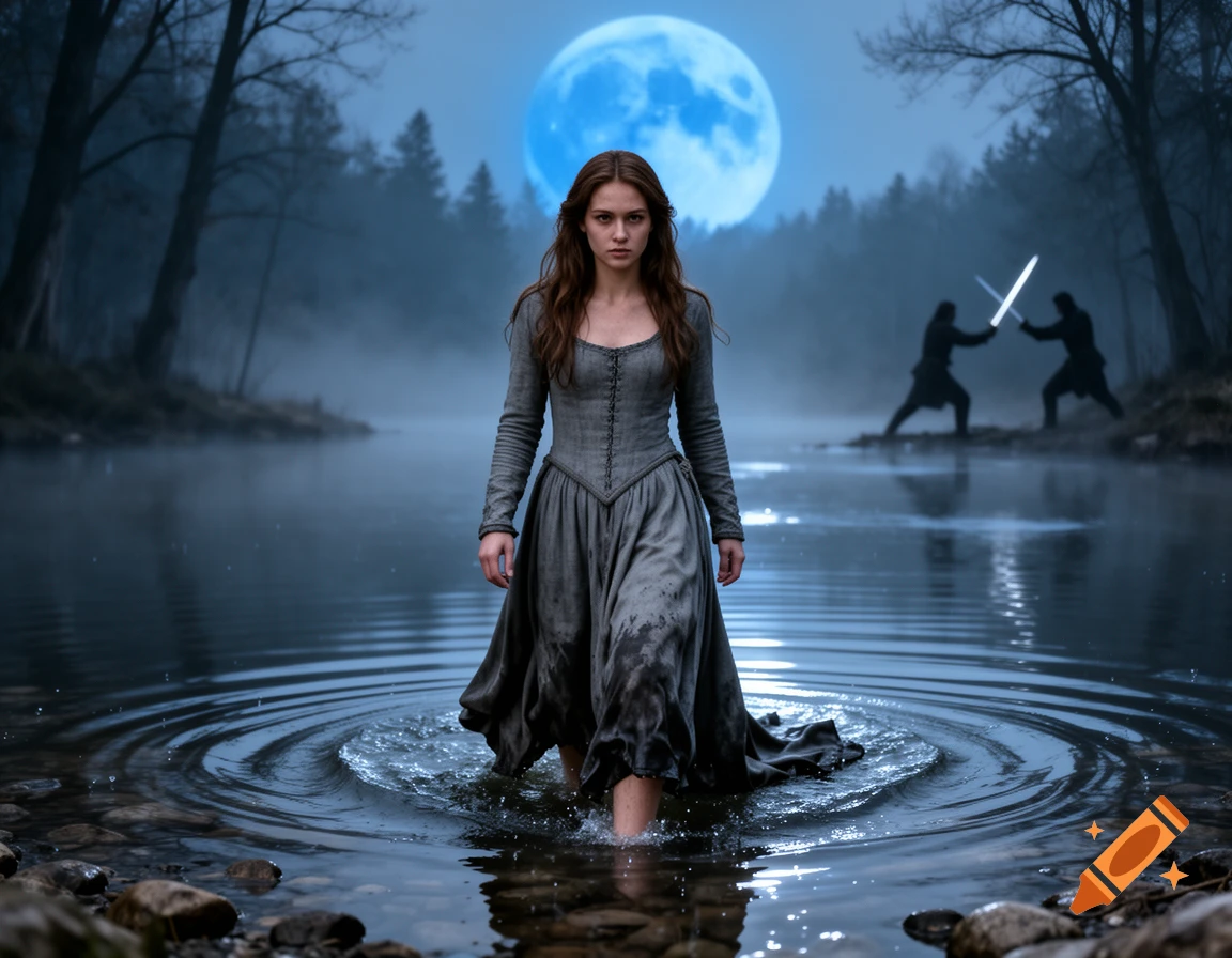 A young woman in a grey medieval dress wades into a moonlit lake with a misty forest and fighting figures in the background. Photorealistic.