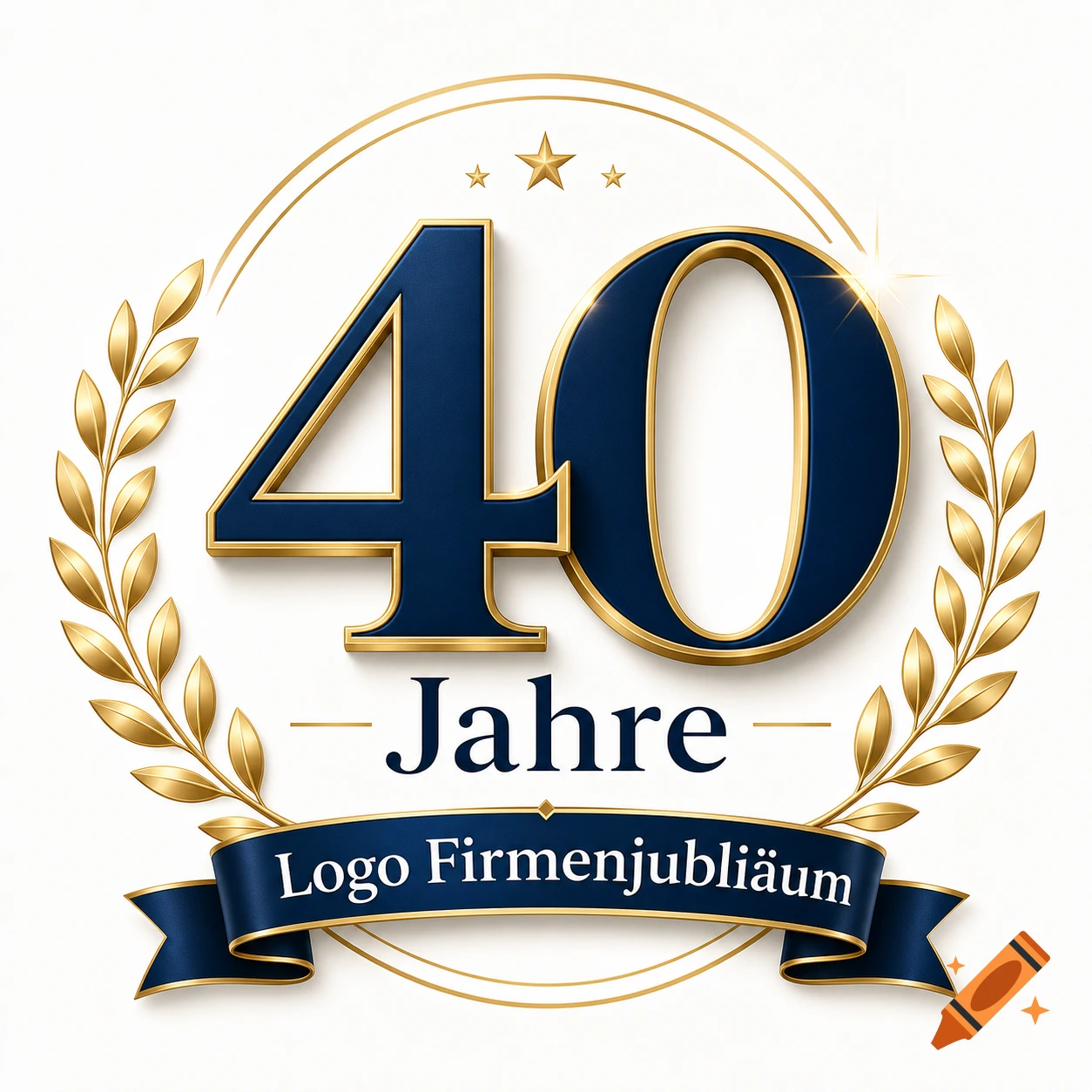 Anniversary logo with large blue and gold number 40, surrounded by laurel leaves and stars, on a white background.