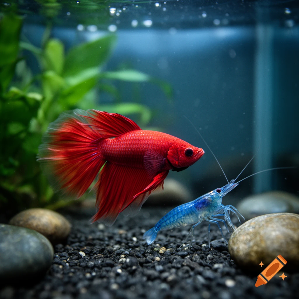 A vibrant red betta fish swims above a small blue shrimp in a planted aquarium with dark gravel and river rocks.