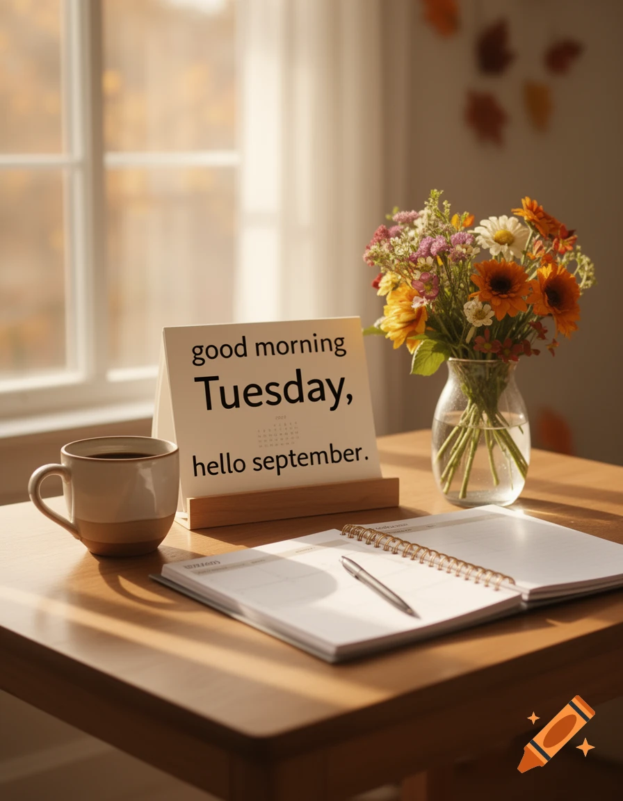 Photorealistic image of a desk with a calendar that reads good morning Tuesday, hello september, a cup of coffee, and flowers in a vase.