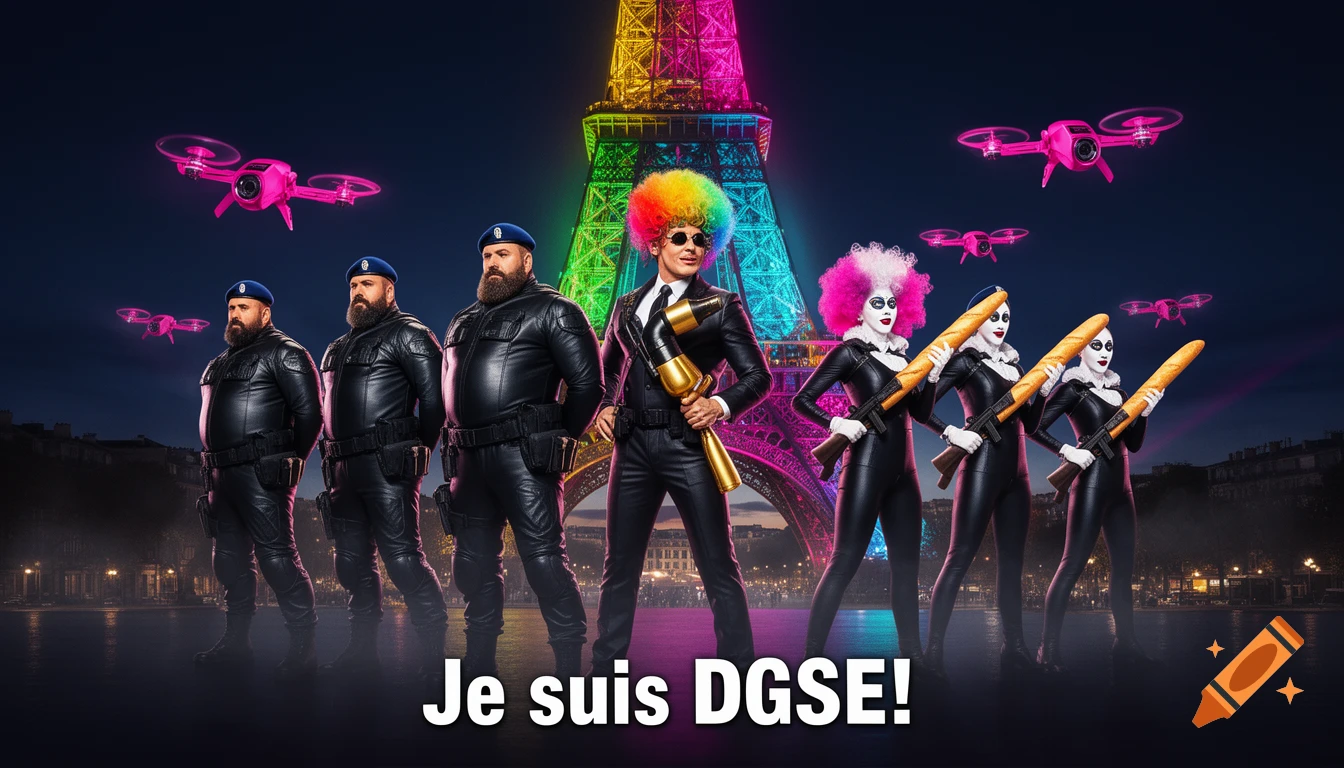 Cinematic poster for a French spy comedy featuring muscular agents, mime drag queens with baguettes, and the Eiffel Tower.