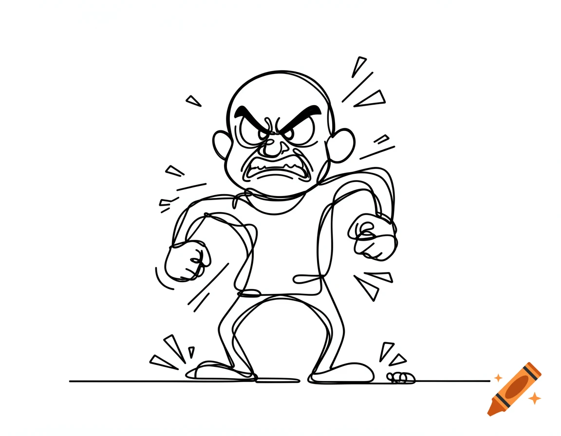 A black and white continuous line drawing of an angry bald character with clenched fists, in the style of La Linea animation.