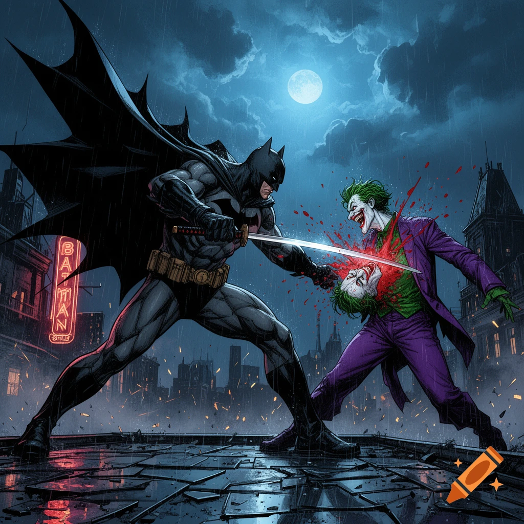 Comic book style illustration of Batman cutting the Joker's head off with a katana on a rainy rooftop under a full moon.