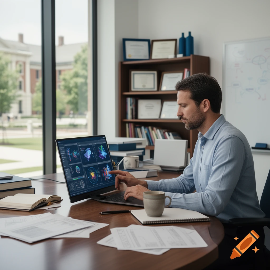 Photorealistic image of a male faculty member sitting at a wooden desk, using a laptop displaying generative AI graphs and charts.