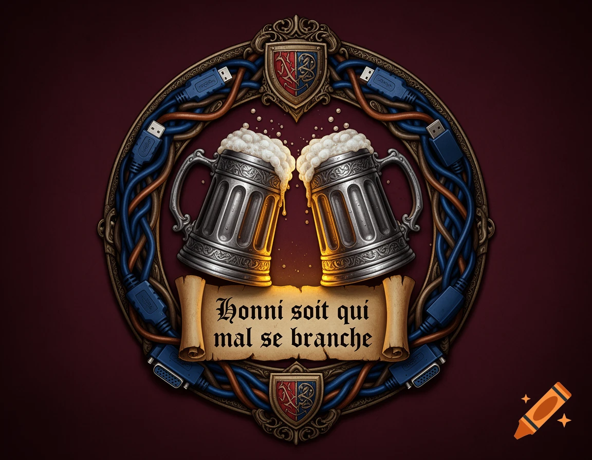 Medieval heraldic crest featuring two clinking beer mugs, a scroll with French text, and intertwined tech cables in digital art style.