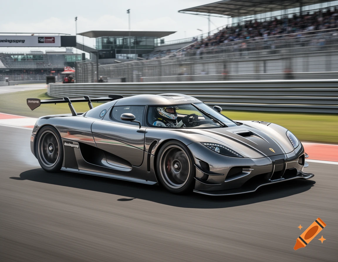 A gray Koenigsegg sports car racing on a track with grandstands in the background, photorealistic style.