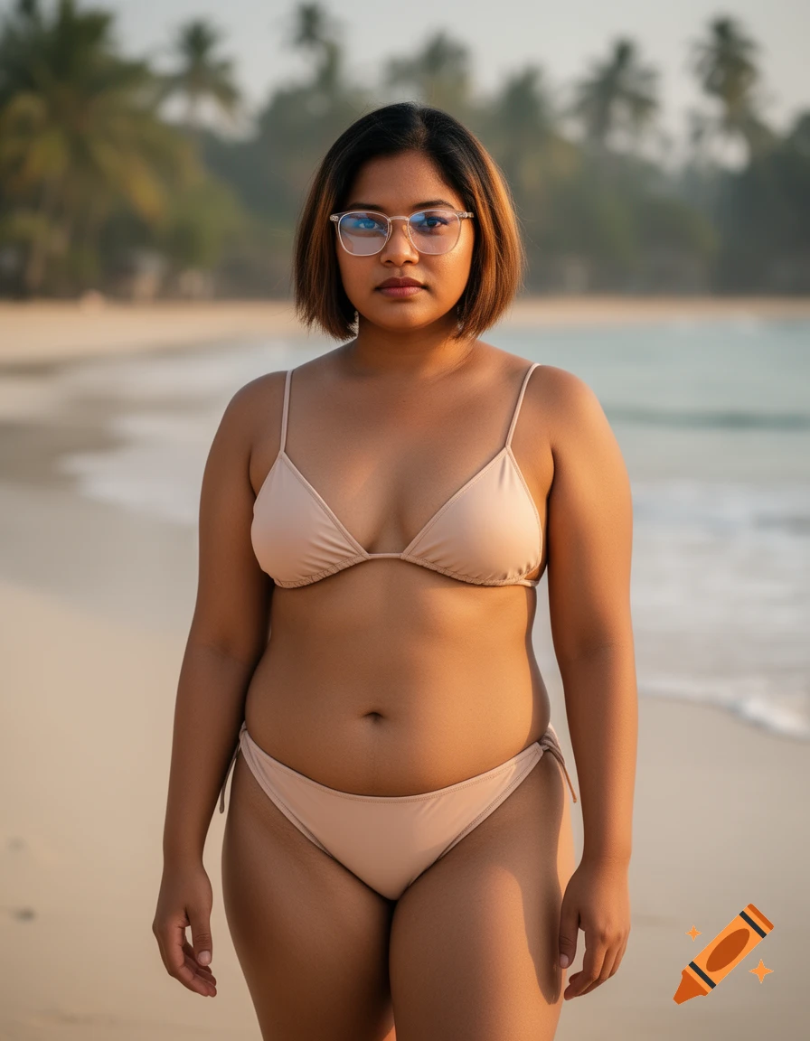 A photorealistic portrait of a woman wearing a beige bikini, standing on a beach with palm trees in the background.