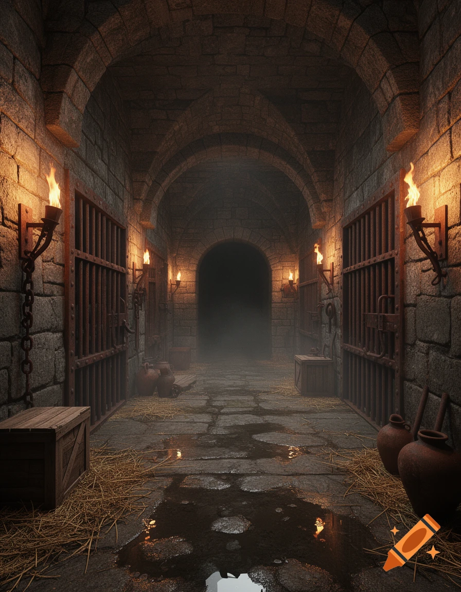 Photorealistic dungeon hallway with stone walls, vaulted ceiling, arched wooden doors with iron bars, wall-mounted torches, and straw-covered floor.