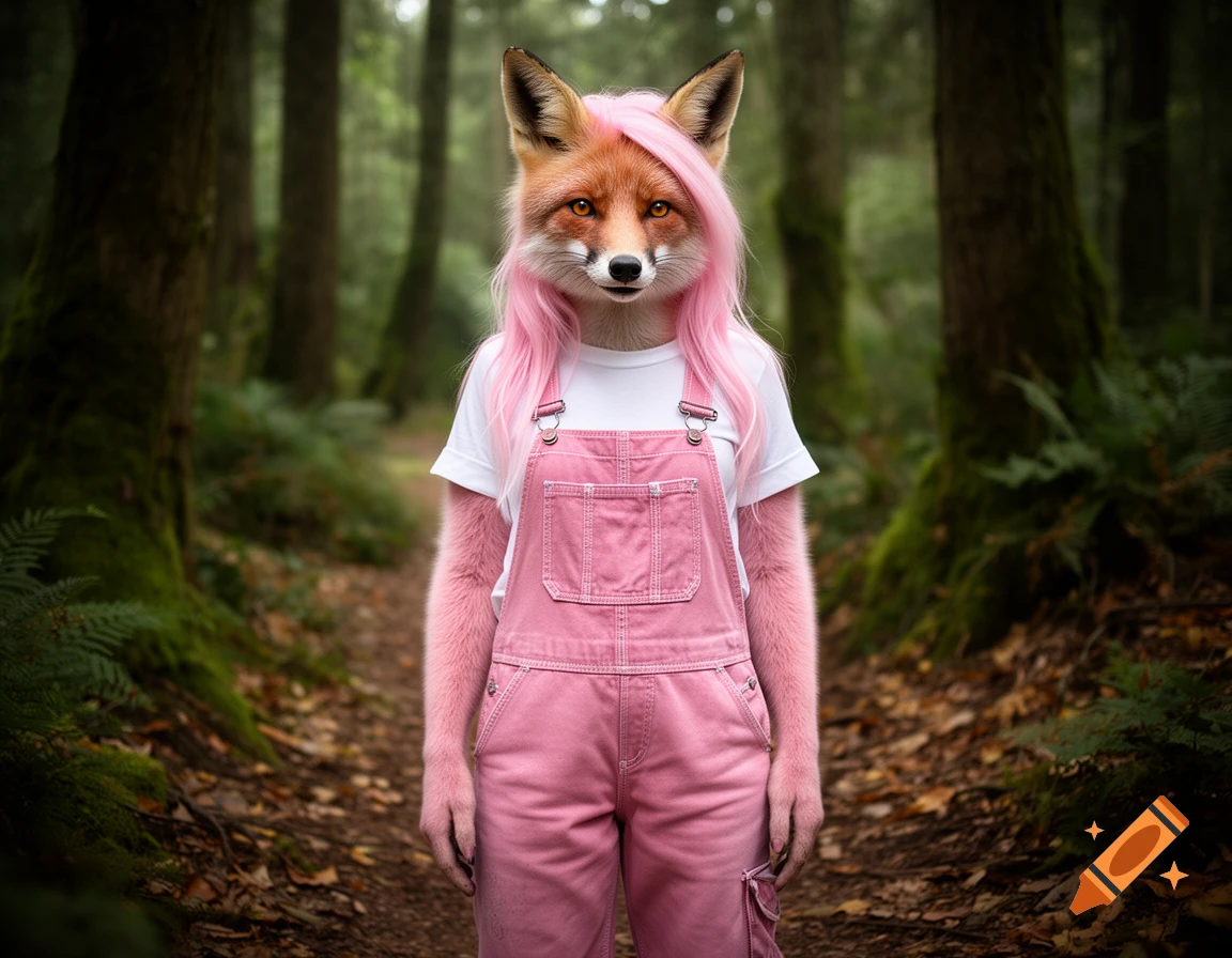 An anthropomorphic female fox with pink hair, a white t-shirt, and pink overalls, standing in a forest.