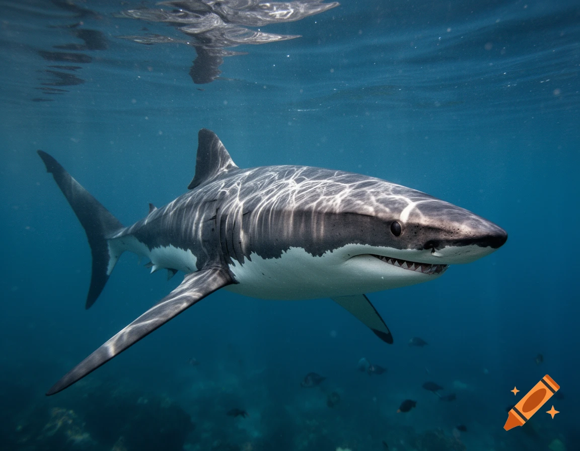 Photorealistic shark swimming in clear blue ocean water
