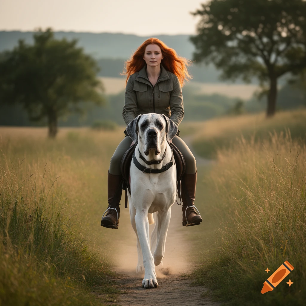 A red-haired woman riding a giant white Great Dane on a dirt path through a grassy field.