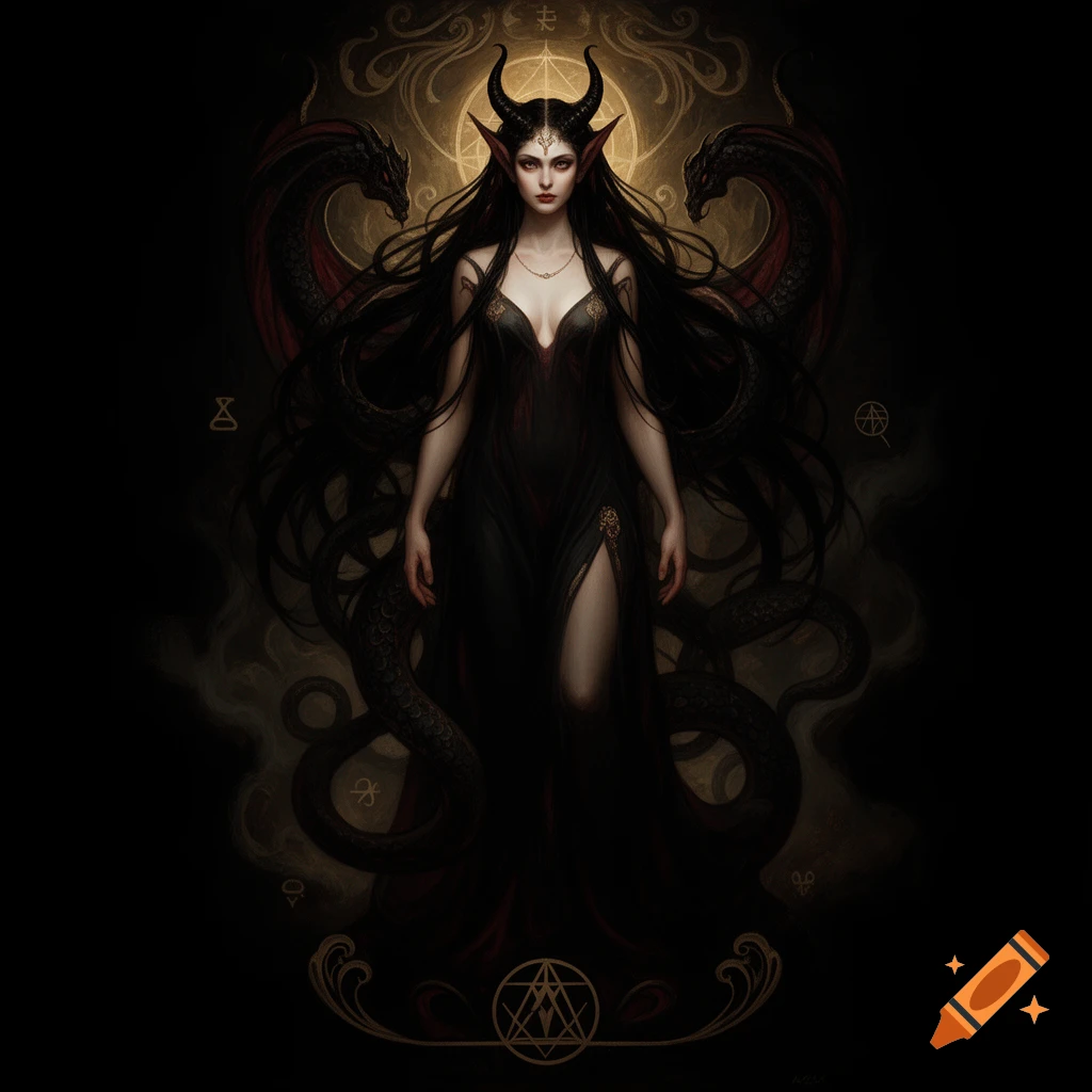 Dark fantasy digital painting of a horned goddess with long black hair, wearing a black dress, flanked by two dragons in a dark mystical setting.