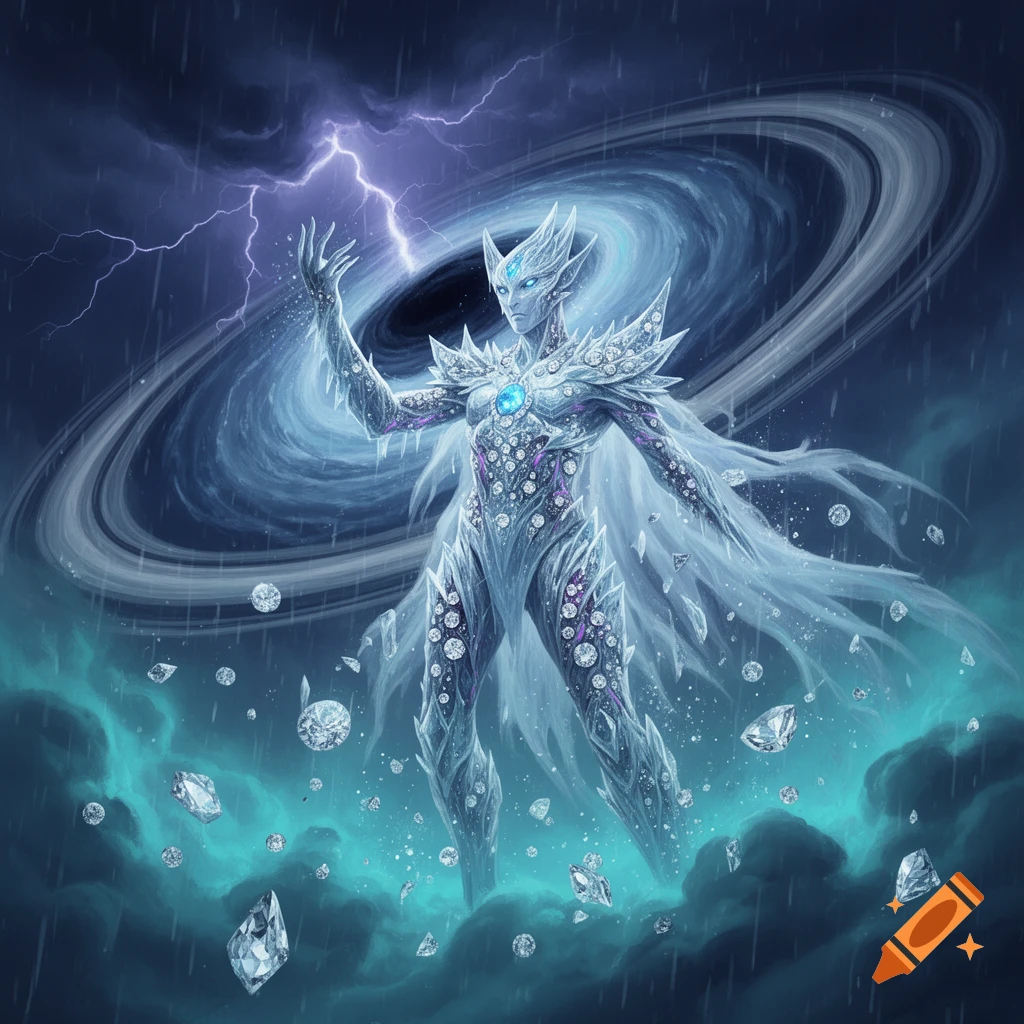 An icy alien humanoid standing amidst a storm with a planetary ring and floating diamonds, fantasy illustration.