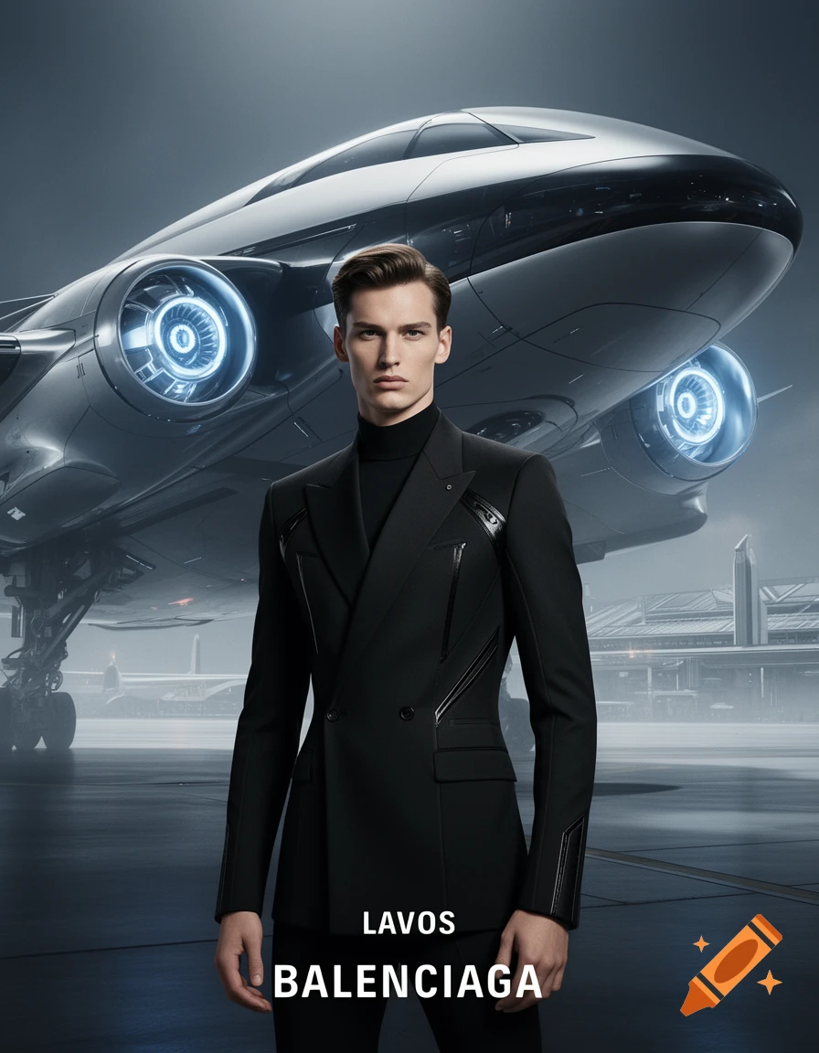 Photorealistic fashion ad style portrait of a man in a black suit standing in front of a futuristic spaceship.